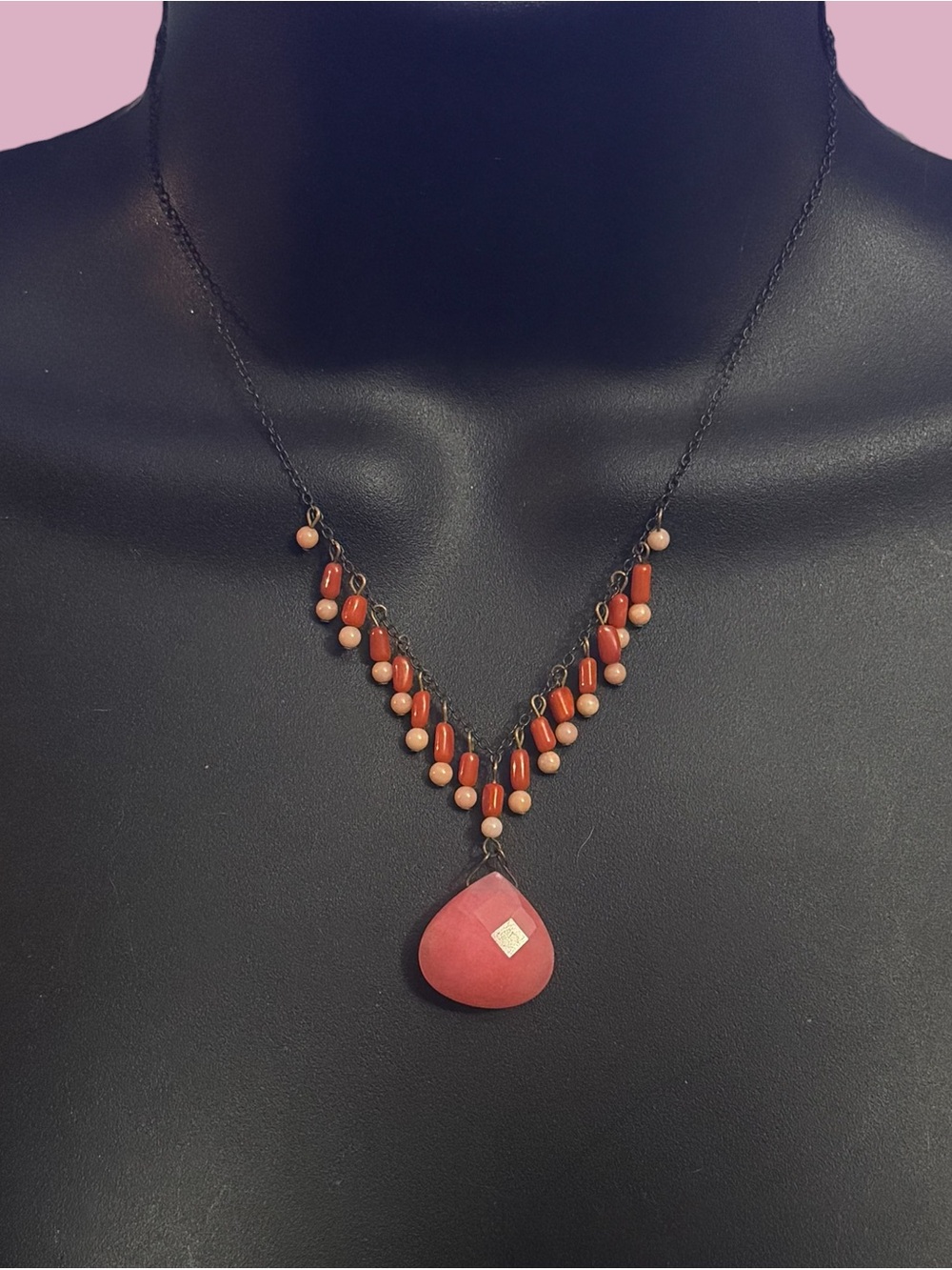 David Aubrey bronze tone coral teardrop and bead fringe necklace